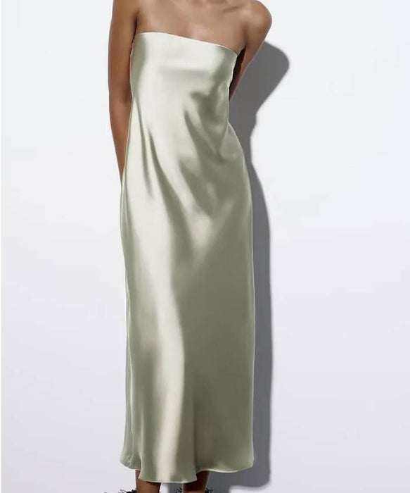 Satin Strapless Long Dress In Light Green - BEYAZURA.COM
