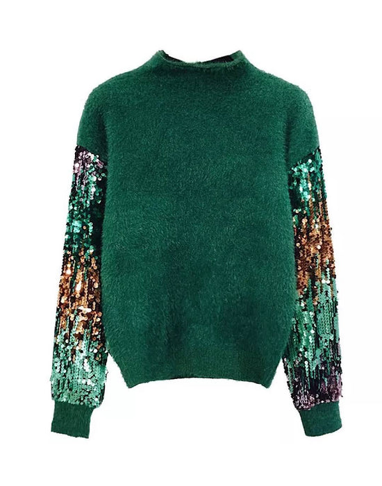 Sequin Sleeves Fluffy Warm Sweater | Beyazura.com