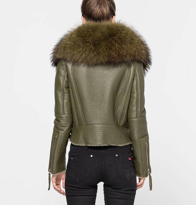 Shearling Sheepskin Fox Fur Collar Biker Jacket - BEYAZURA.COM