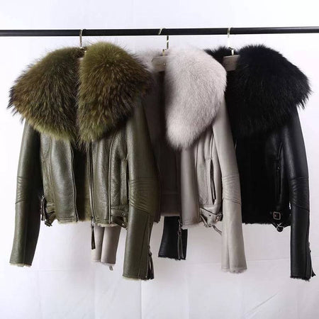 Shearling Sheepskin Fox Fur Collar Biker Jacket - BEYAZURA.COM