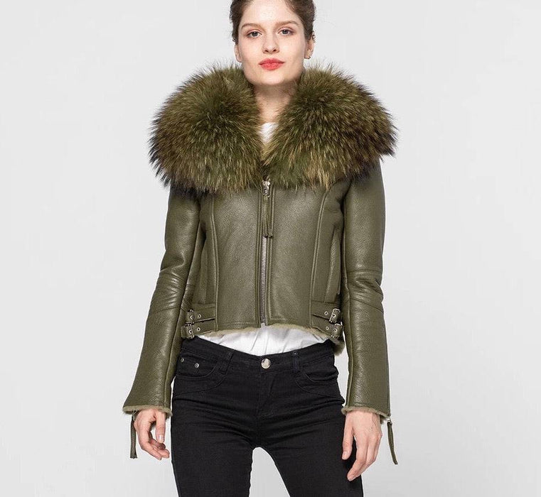 Shearling Sheepskin Fox Fur Collar Biker Jacket - BEYAZURA.COM