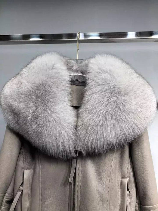 Shearling Sheepskin Fox Fur Collar Biker Jacket - BEYAZURA.COM