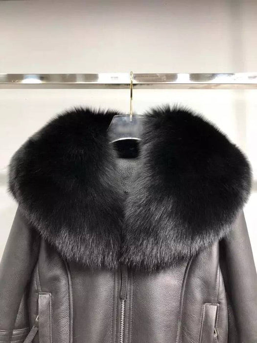 Shearling Sheepskin Fox Fur Collar Biker Jacket - BEYAZURA.COM