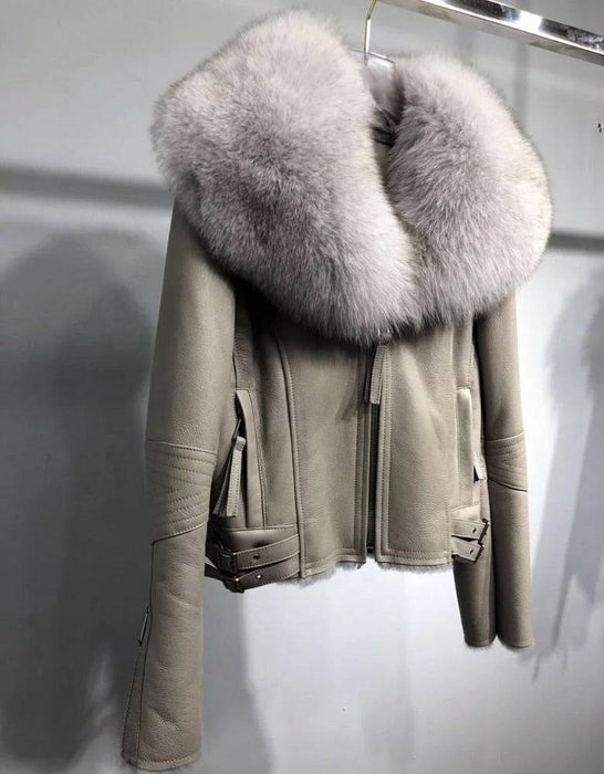 Shearling Sheepskin Fox Fur Collar Biker Jacket - BEYAZURA.COM