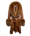 Sheep Skin Leather Long Coat With Fox Fur Collar and Sleeves - BEYAZURA.COM
