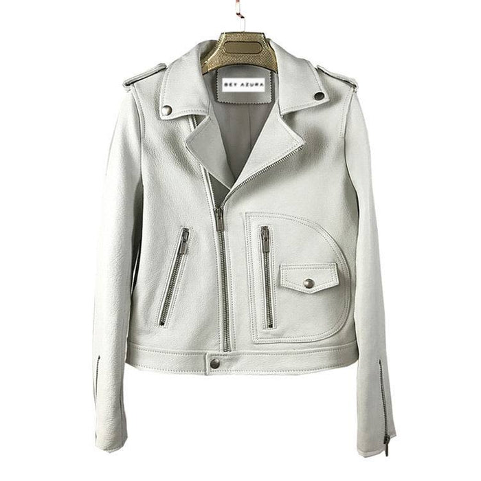 Sheepkin Leather Biker Jacket With Asymmetrical Zippers - BEYAZURA.COM