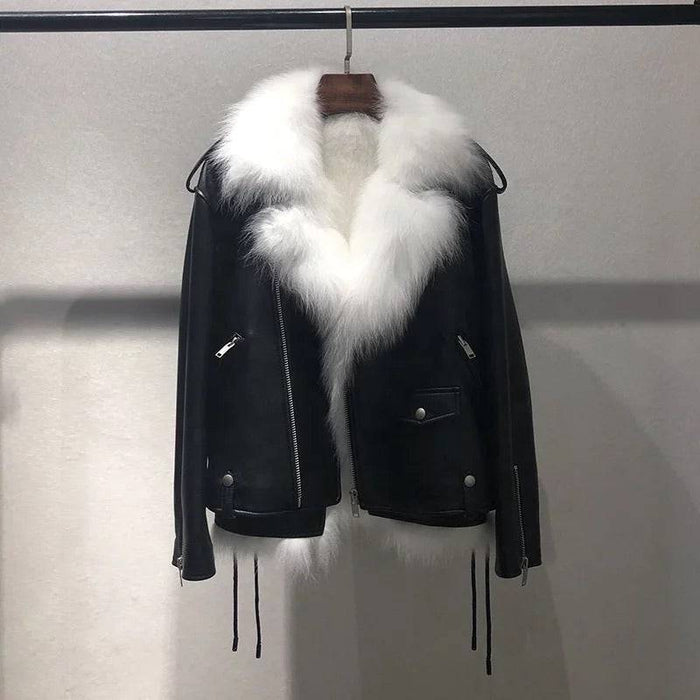 Sheepskin Leather Biker Jacket With Fox Fur Vest Lining - BEYAZURA.COM