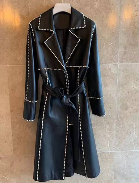 Sheepskin Leather Long Coat With Crystal Trims - BEYAZURA.COM