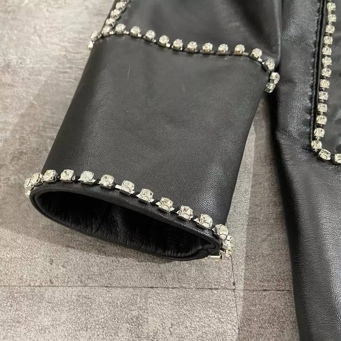 Sheepskin Leather Long Coat With Crystal Trims - BEYAZURA.COM