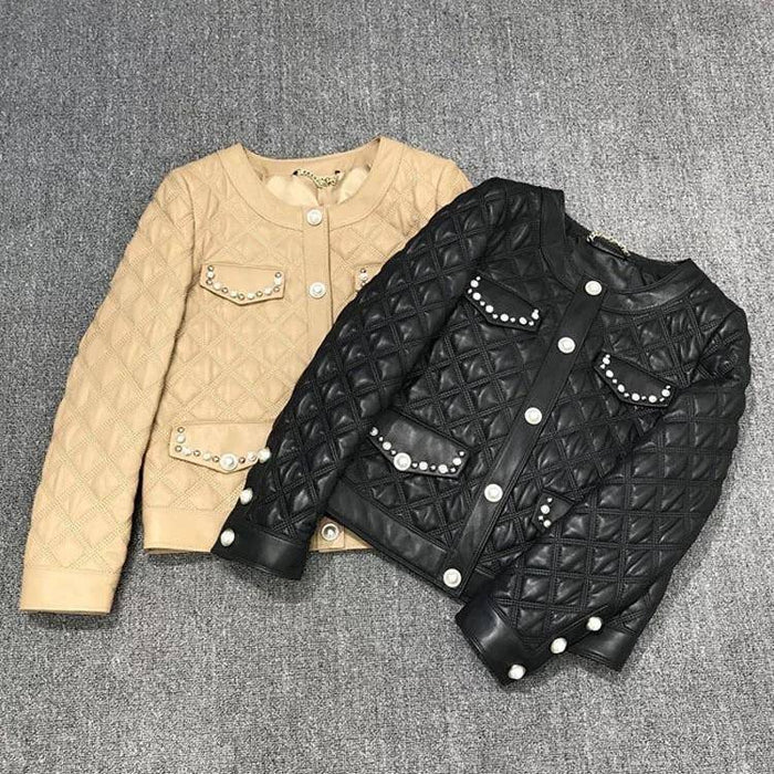 Sheepskin Studded Quilted Leather Jacket - BEYAZURA.COM