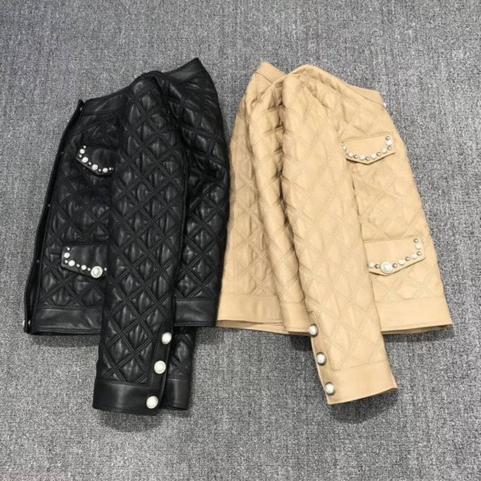 Sheepskin Studded Quilted Leather Jacket - BEYAZURA.COM