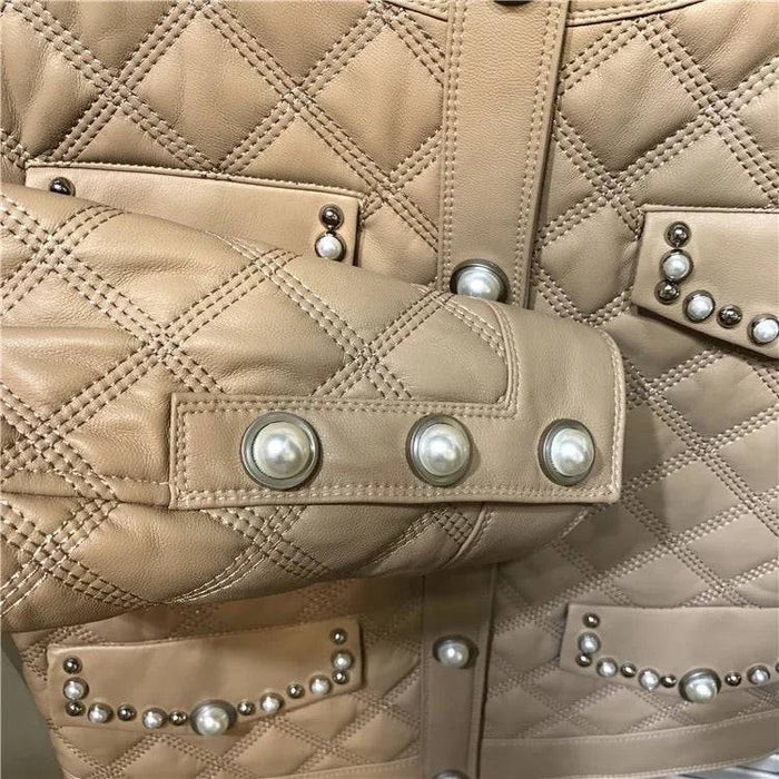 Sheepskin Studded Quilted Leather Jacket - BEYAZURA.COM