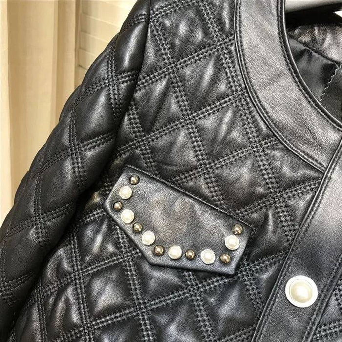 Sheepskin Studded Quilted Leather Jacket - BEYAZURA.COM