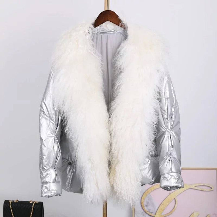 Shiny Metallic Down Parka Puffer Jacket With Sheep Fur Trims - BEYAZURA.COM