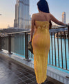 Shiny Satin Pleated Long Dress In Gold - BEYAZURA.COM