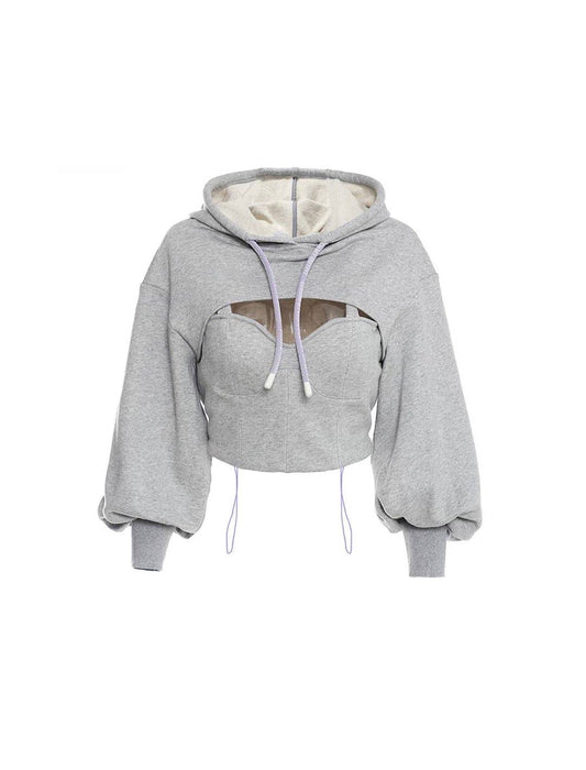 Short Bra Top and Hooded Sweatshirt in Gray - BEYAZURA.COM
