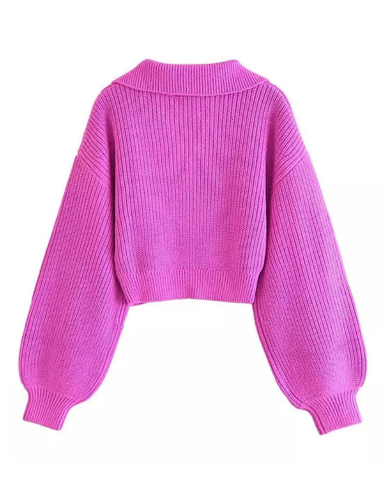 Short Collar Cropped Pink Sweater - BEYAZURA.COM