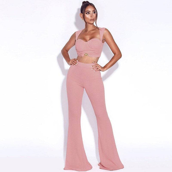 Short Sleeveless Top With Matching Flared High Waisted Pants - BEYAZURA.COM