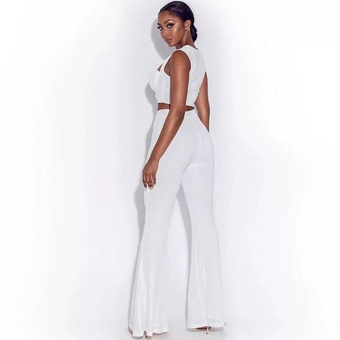 Short Sleeveless Top With Matching Flared High Waisted Pants - BEYAZURA.COM