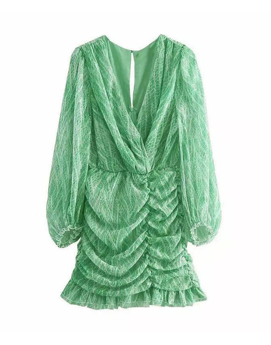 Snakeskin Print Ruched Skirt Dress - BEYAZURA.COM