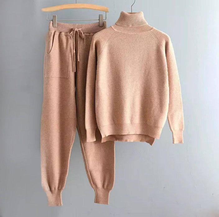 Soft Ribbed Long Sleeve Turtleneck Top and Jogging Pant Co Ord Set - BEYAZURA.COM