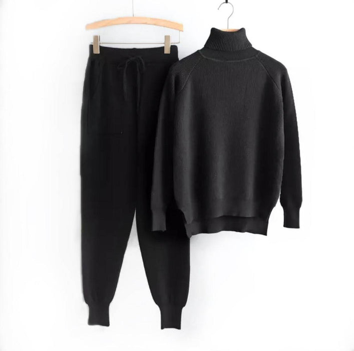 Soft Ribbed Long Sleeve Turtleneck Top and Jogging Pant Co Ord Set - BEYAZURA.COM