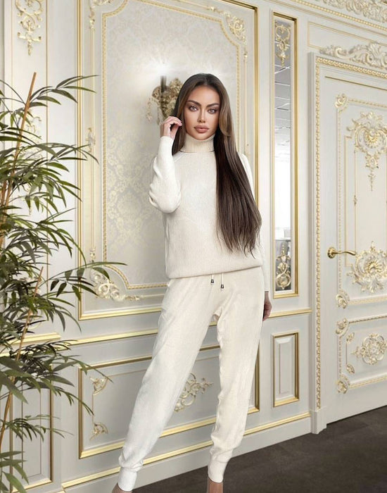 Soft Ribbed Long Sleeve Turtleneck Top and Jogging Pant Co Ord Set - BEYAZURA.COM