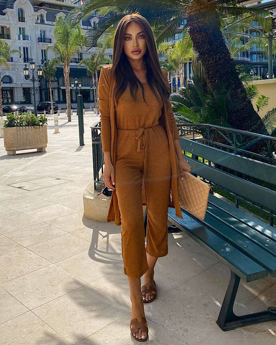 Spaghetti Strap Top Cropped Pants And Long Sleeve Robe Three Piece Set - BEYAZURA.COM