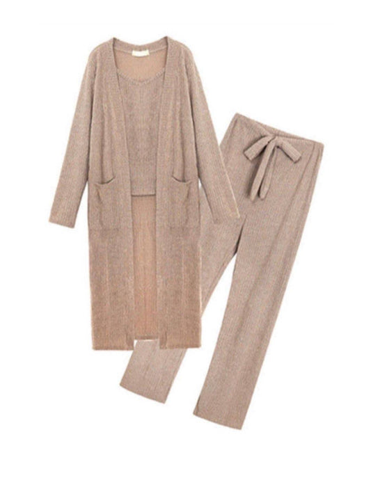 Spaghetti Strap Top Cropped Pants And Long Sleeve Robe Three Piece Set - BEYAZURA.COM