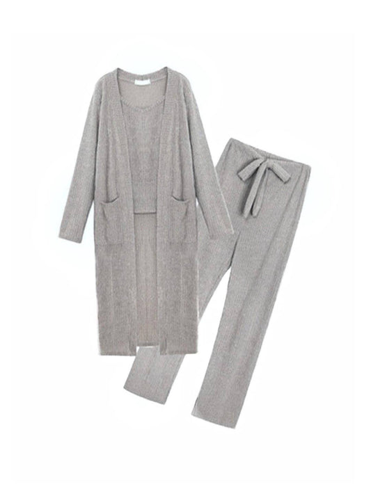 Spaghetti Strap Top Cropped Pants And Long Sleeve Robe Three Piece Set - BEYAZURA.COM