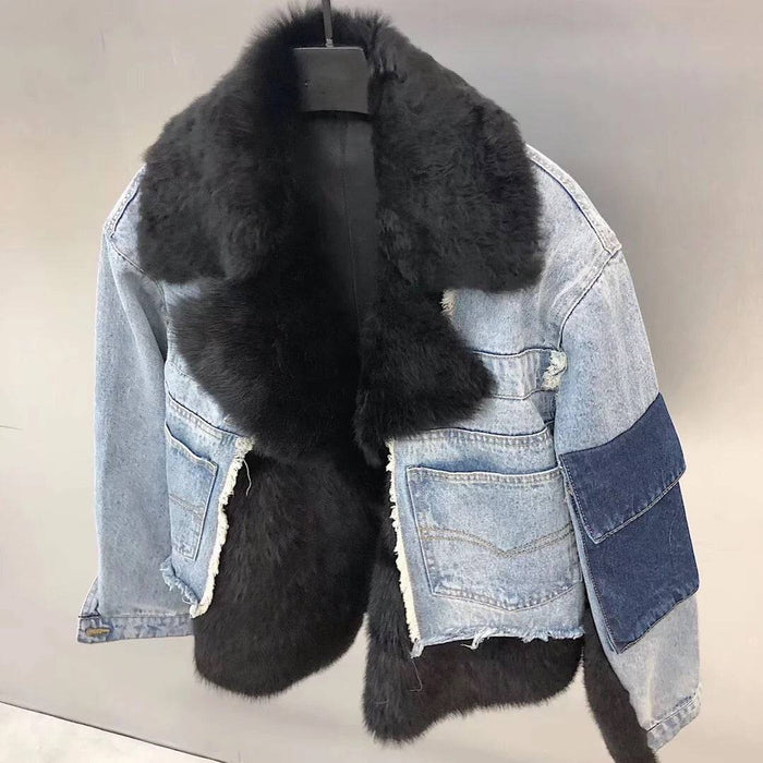 Sporty Denim Jacket With Sheepkin And Sheep Fur Trims - BEYAZURA.COM