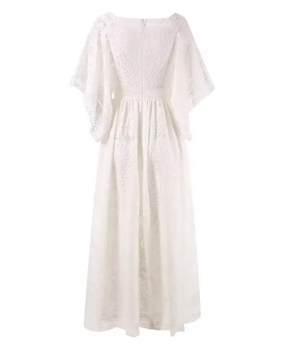 Square Neck Crochet Long Dress In White - BEYAZURA.COM