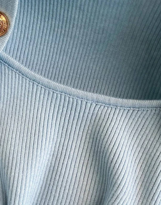 Square Neck Metal Buttoned Knit Top - BEYAZURA.COM
