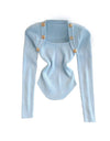 Square Neck Metal Buttoned Knit Top - BEYAZURA.COM