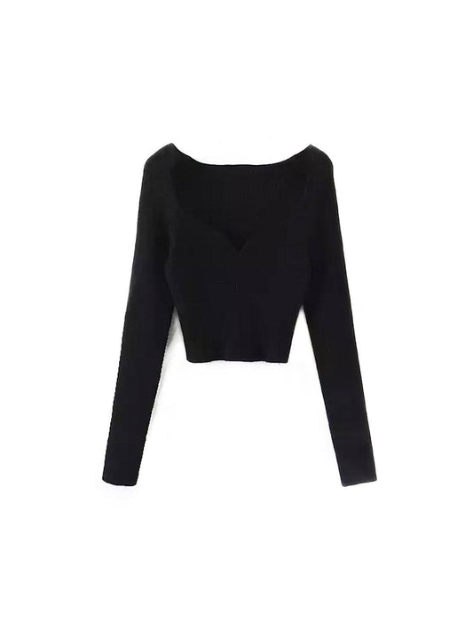 Square Neck Short Knit Pullover Top - BEYAZURA.COM