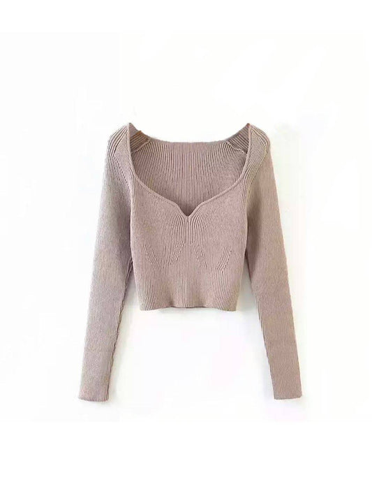 Square Neck Short Knit Pullover Top - BEYAZURA.COM