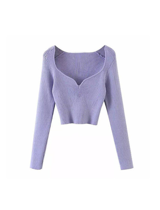 Square Neck Short Knit Pullover Top - BEYAZURA.COM