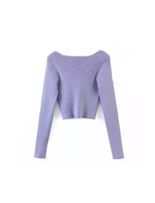 Square Neck Short Knit Pullover Top - BEYAZURA.COM