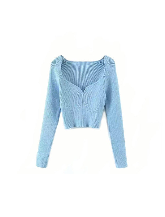 Square Neck Short Knit Pullover Top - BEYAZURA.COM