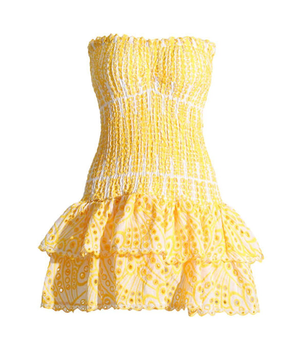 Strapless Elastic Woven Mini Dress In Yellow - BEYAZURA.COM