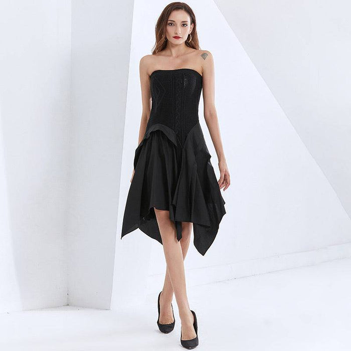 Strapless Knit Irregular Skirt Dress in Black - BEYAZURA.COM