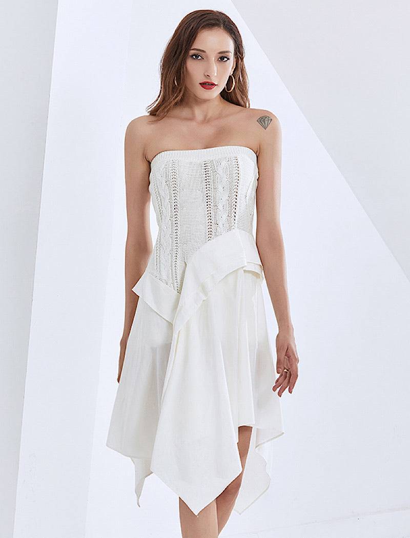 Strapless Knit Irregular Skirt Dress in White Beyazura.com Strapless Knit Irregular Skirt Dress in White Beyazura.com