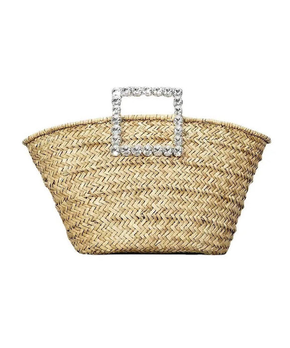 Straw Bag With Crystal Handle - BEYAZURA.COM