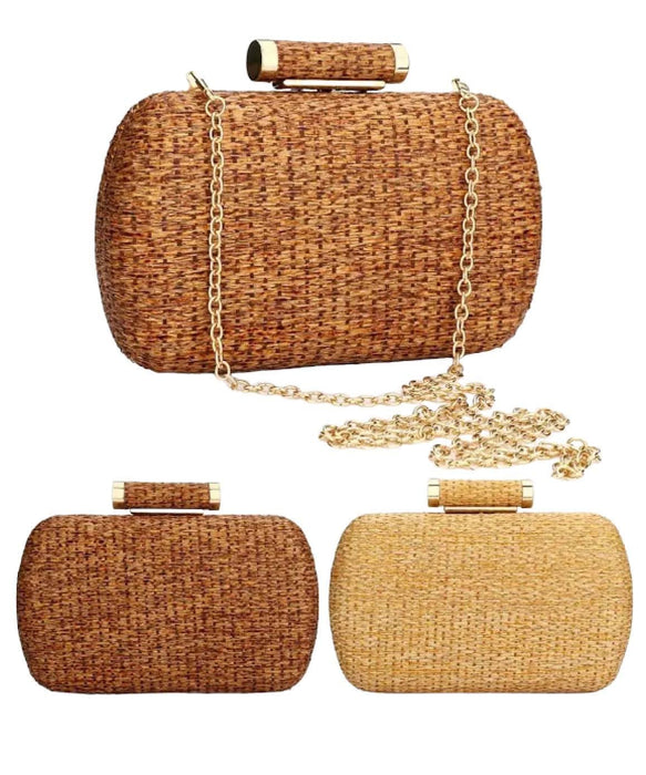 Straw Woven Gold Trimmed Clutch Bag In Brown - BEYAZURA.COM
