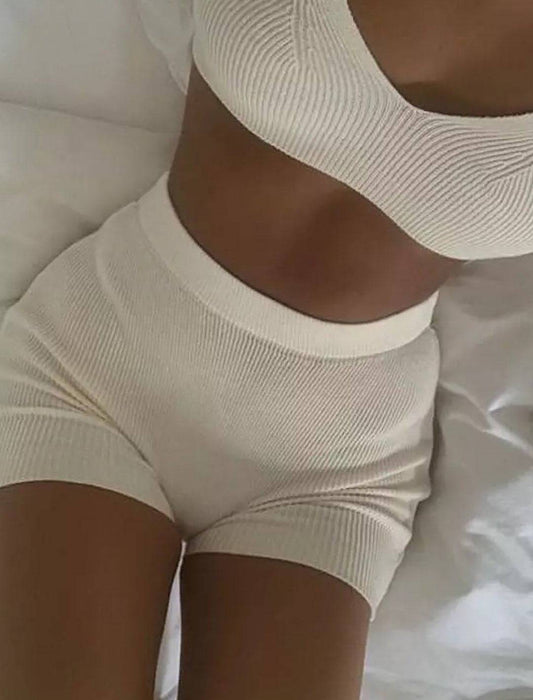 Stretchy Knit Bra and High Waisted Tight Shorts Set - BEYAZURA.COM