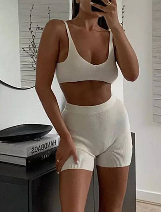 Stretchy Knit Bra and High Waisted Tight Shorts Set - BEYAZURA.COM