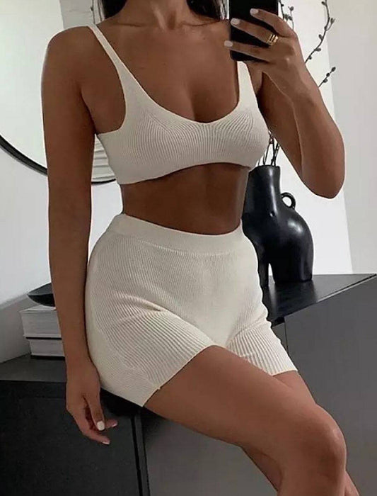 Stretchy Knit Bra and High Waisted Tight Shorts Set - BEYAZURA.COM