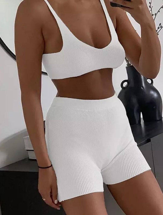 Stretchy Knit Bra and High Waisted Tight Shorts Set - BEYAZURA.COM