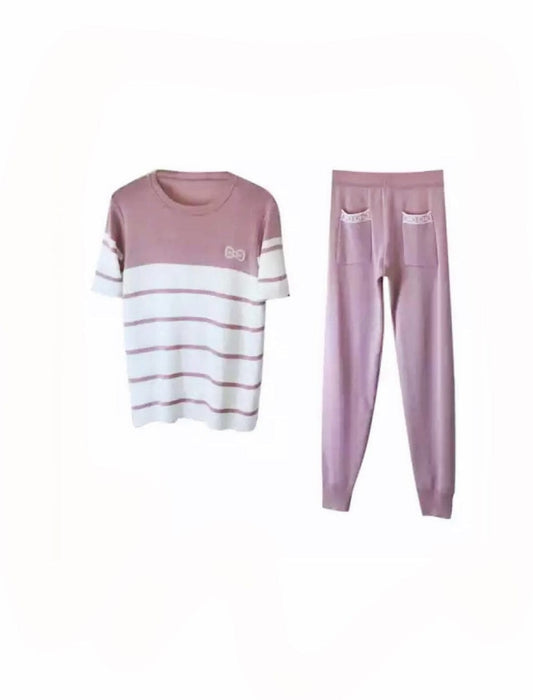 Striped Short Sleeve Top Pants Knit Set - BEYAZURA.COM