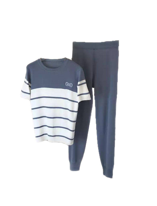 Striped Short Sleeve Top Pants Knit Set - BEYAZURA.COM